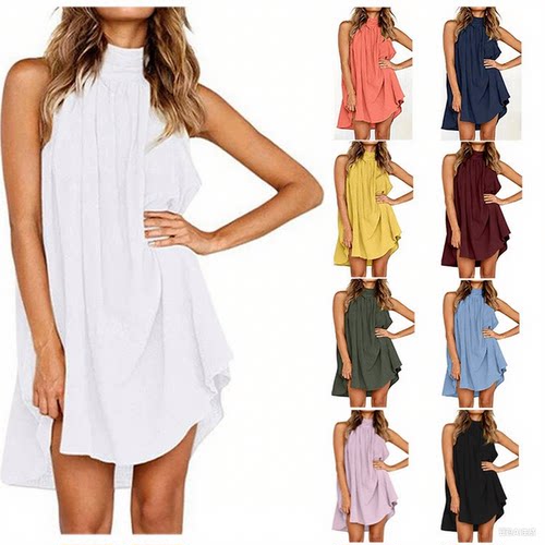 women's loose halterneck dress 女士宽松挂脖拼接女装连衣裙
