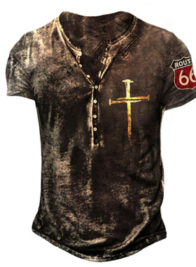 Vintage Button V-neck Men's T Shirt Print Short Sleeve Gothi