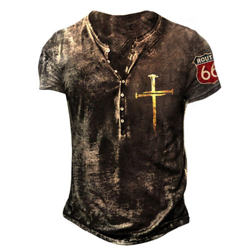 Vintage Button V-neck Men's T Shirt Print Short Sleeve Gothi