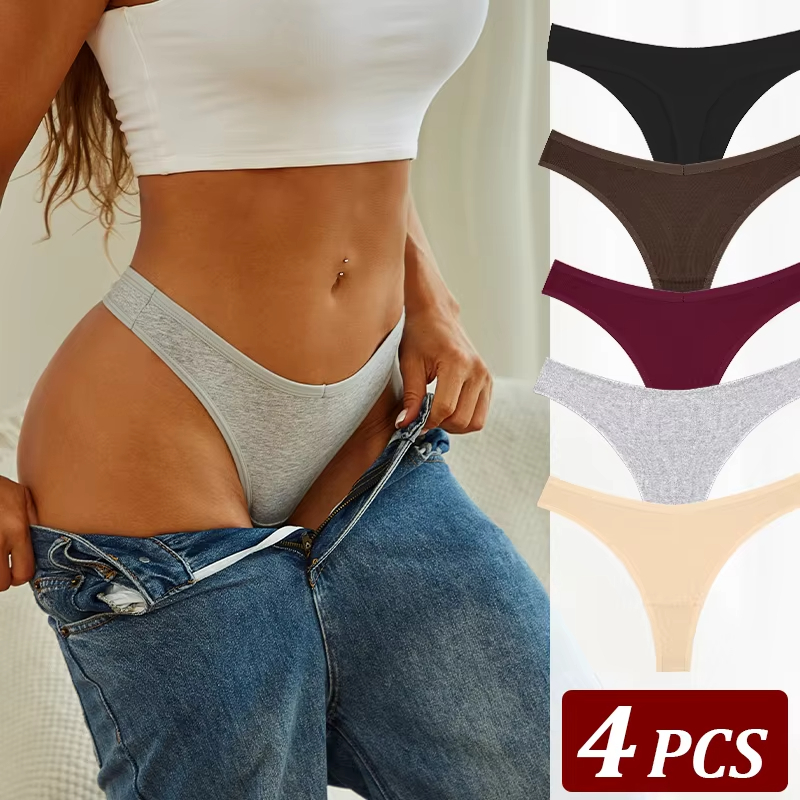 4Pcs Women Cotton Thongs Female Low Waist Panties G-String
