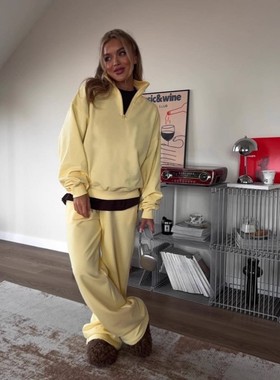 欧美时尚休闲宽松半拉链上衣长裤套装Half zip top and pants set