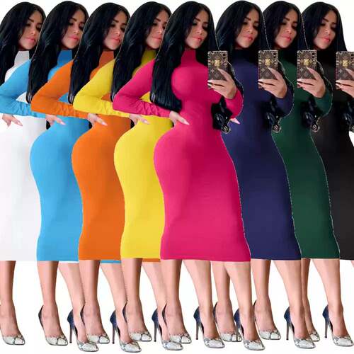 欧美新款连衣裙性感高领连衣裙纯色时尚修身包臀裙 Women's dress