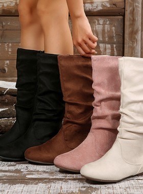 大码中筒靴平底西部靴Plus size women long boots western boots