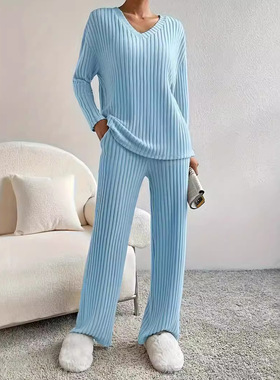 欧美时尚休闲套头上衣长裤套装女 Pullover Top Pants Suit Set