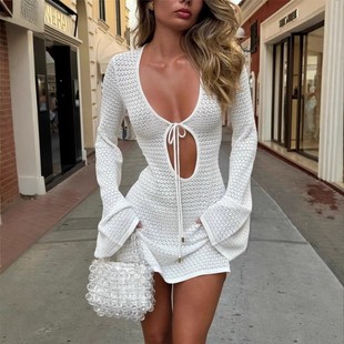 Sexy hollow knitted beach skirt欧美风性感镂空针织度假沙滩裙