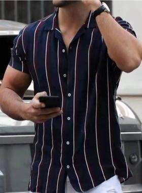 Striped Colorblock Men Casual Lapel Loose Shirt条纹休闲衬衫