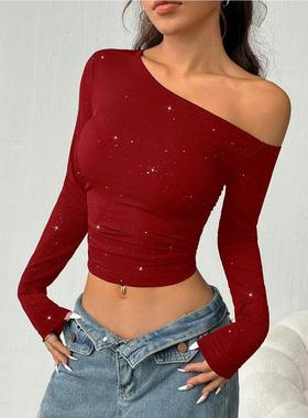 Sexy T-shirt欧美新款纯色斜领露肩长袖修身T恤内搭打底衫上衣女