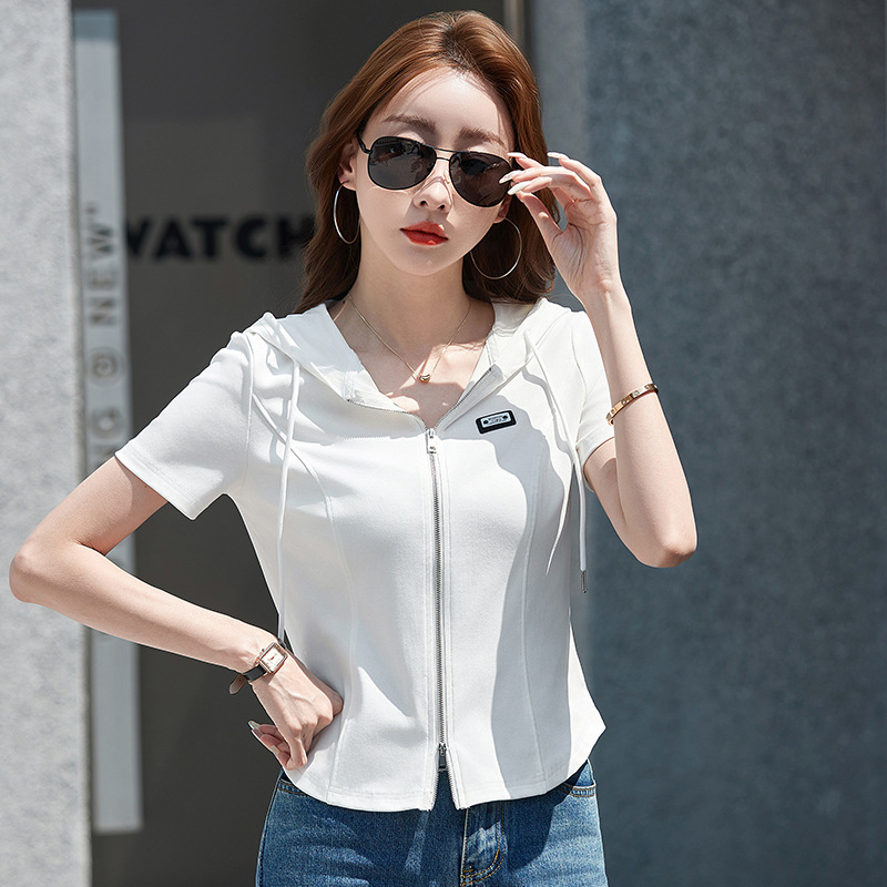 连帽短款外套女双拉链开衫韩系修身短款女士上衣短袖夏装t恤卫衣