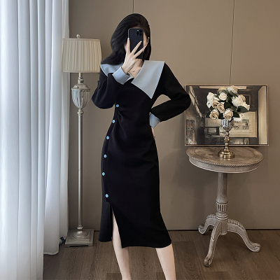 法式开叉连衣裙女春秋冬时尚网红白领微胖小个子轻奢显瘦长款长裙