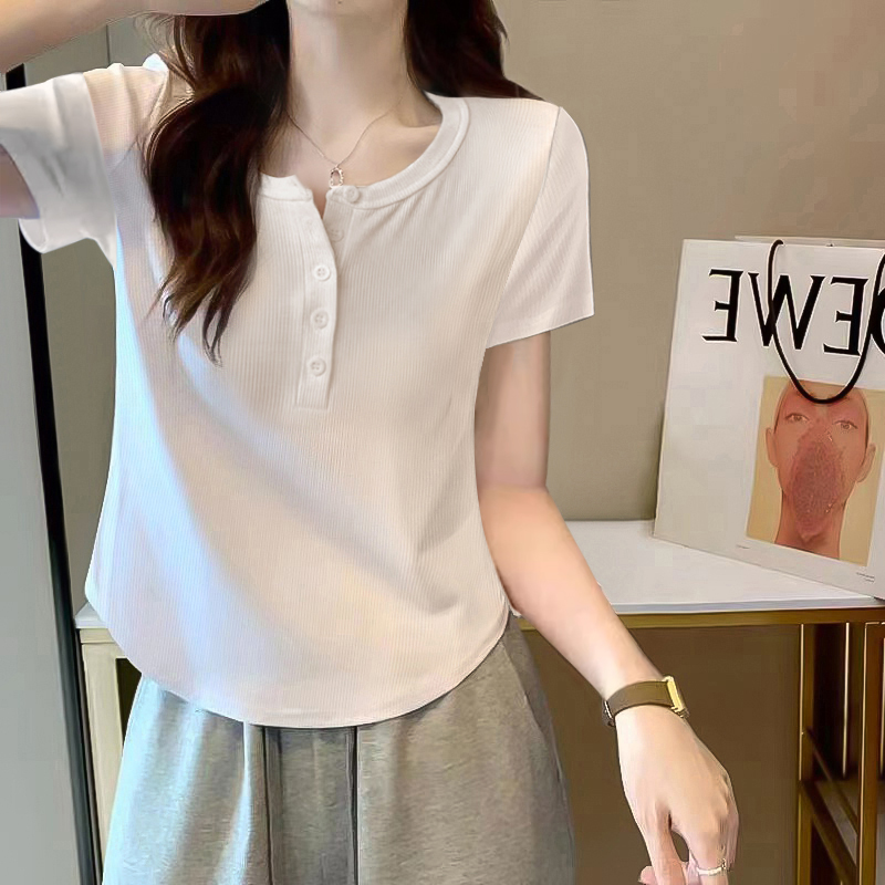 设计感短袖t恤女2025新款不规则纽扣弧形下摆半袖正肩遮肚子上衣