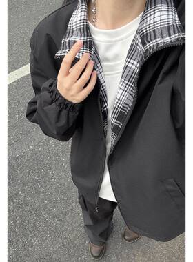 美式复古格子拼接夹克男女通用秋季宽松立领情侣外套黑色