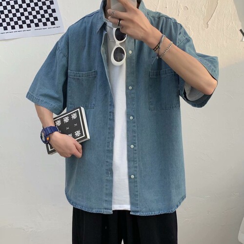 夏季ins韩版潮牌5分短袖牛仔衬衫男士潮流宽松百搭休闲bf打底衬衣