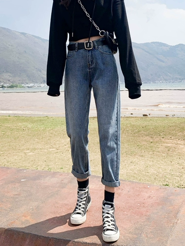 Штаны, осенние джинсы, высокая талия, свободный прямой крой, подходит для подростков