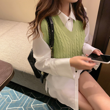 韩版 上衣 宽松时尚 秋v领无袖 针织毛衣背心马甲女2019新款 外穿短款