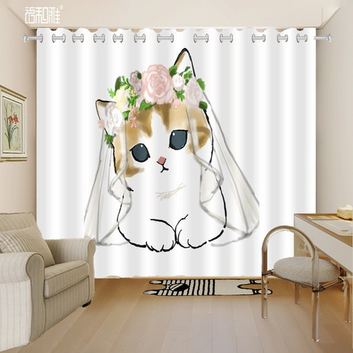 定制卡通日式猫咪窗帘可爱女生卧室飘窗遮光少女心免打孔隔断防晒