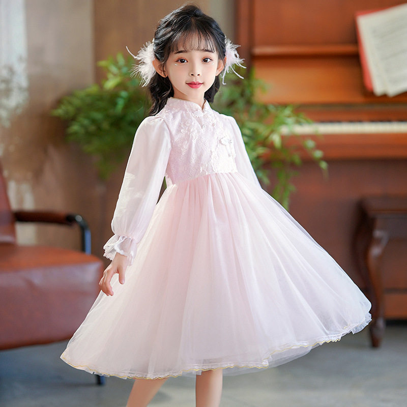 儿童旗袍公主裙春装女童新中式蕾丝连衣裙春秋宝宝长袖生日礼服裙
