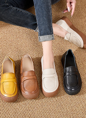 头层牛皮春季舒适中口妈妈鞋休闲百搭软底复古女鞋真皮平底鞋单鞋