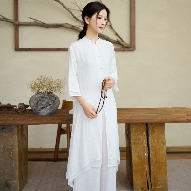 2026春季新款复古民族风文艺休闲禅服茶服立领中袖中长裙套装女