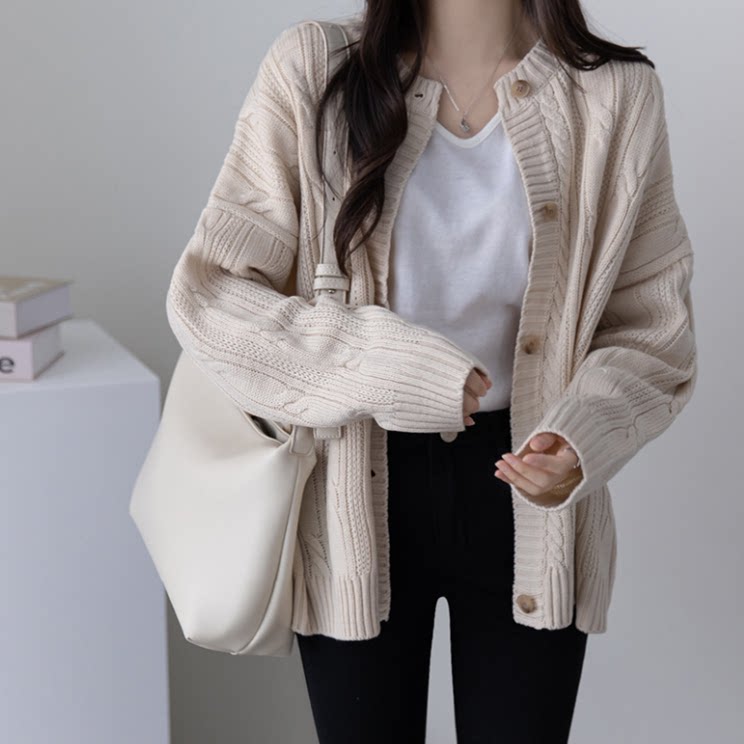 100%纯山羊绒针织开衫女25秋冬新款麻花慵懒宽松大码加厚外套毛衣