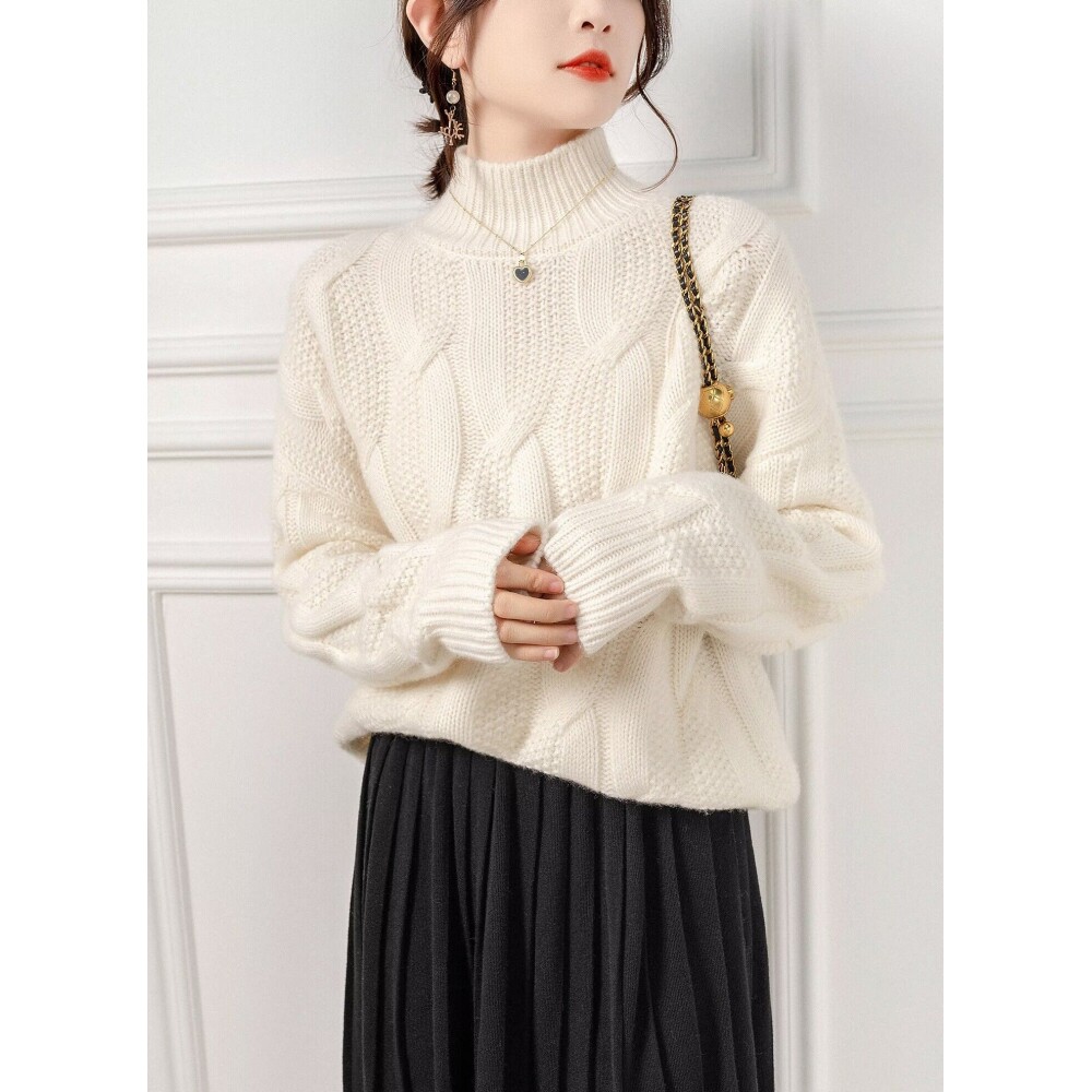 100%山羊绒半高领毛衣女2025秋冬新款麻花加厚宽松大码针织打底衫