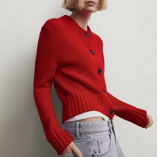 100%山羊绒针织开衫女大红色25新款圆领宽松显瘦简约加厚毛衣外套