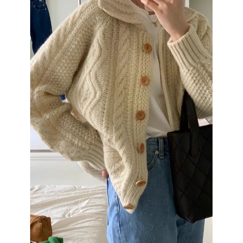 100%山羊绒复古麻花毛衣外套女