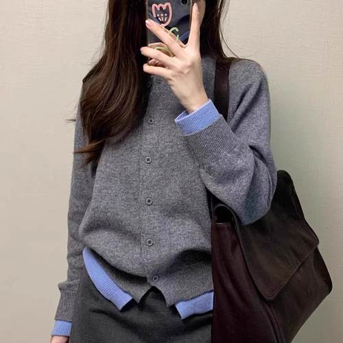 100%纯山羊绒开衫女假两件