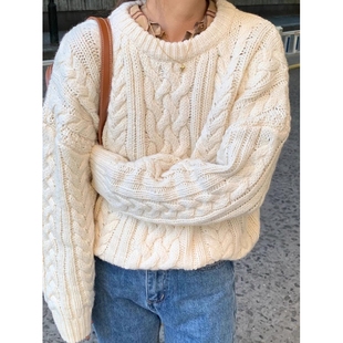 100%山羊绒毛衣女重工加厚25秋冬新款 圆领麻花宽松套头针织打底衫