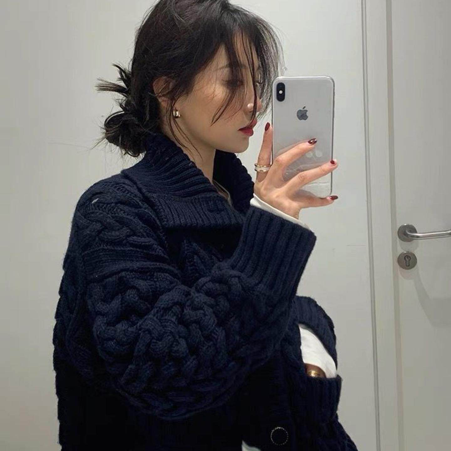 100%山羊绒针织开衫女重工加厚2026新款复古翻领麻花短款毛衣外套