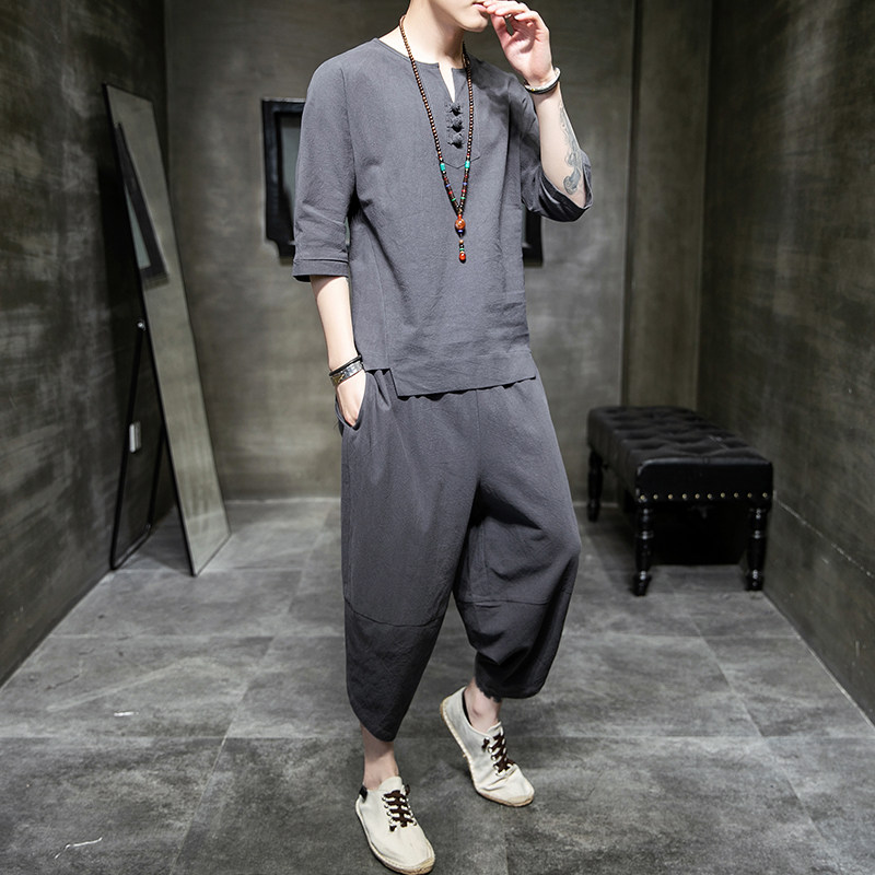 중국 스타일 남성 여름 당나라 정장 반팔 티셔츠 복고풍 트렌드 브랜드 고대 의상 청소년 HANFU 린넨 2 피스 세트 남성용