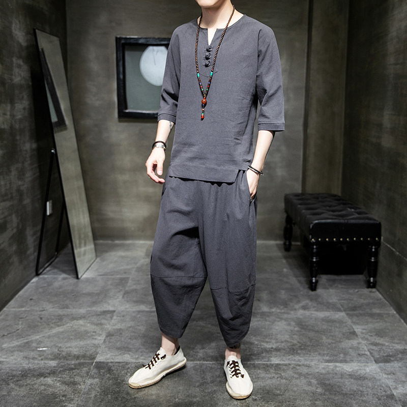 중국 스타일 남성 여름 당나라 정장 반팔 티셔츠 복고풍 트렌드 브랜드 고대 의상 청소년 HANFU 린넨 2 피스 세트 남성용