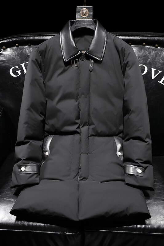 超柔蛋白2025冬季新款皮料拼接中长款羽绒服男90白鸭绒9823-P345,男装羽绒服,钱塘6023