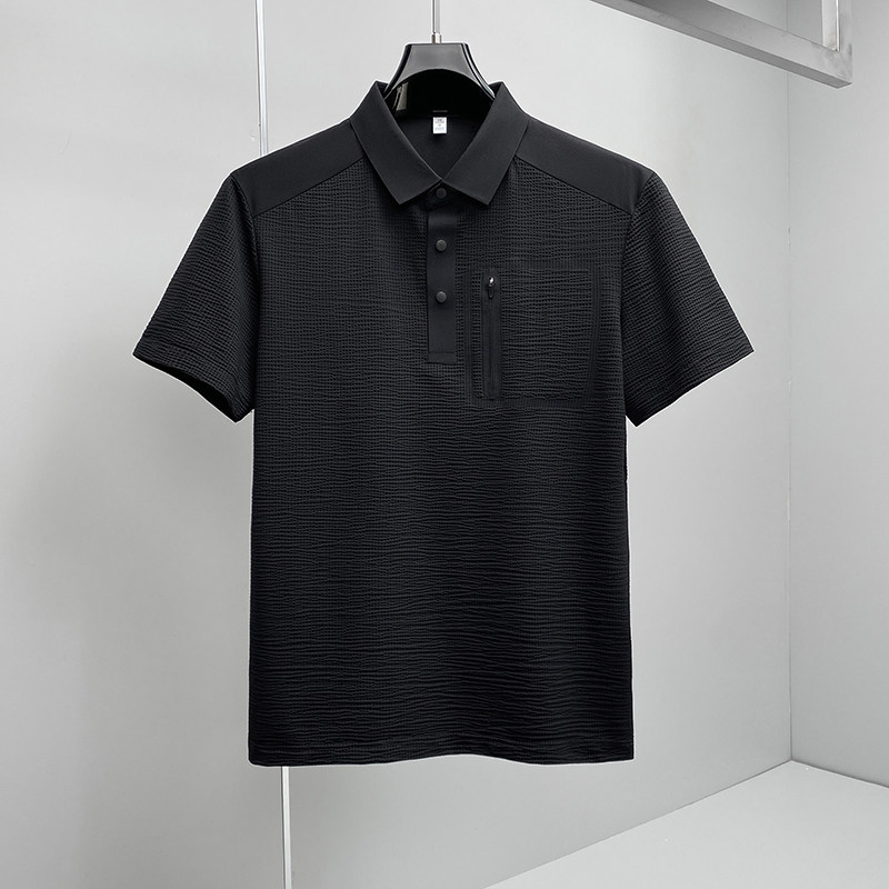 肌理感翻领26夏季老钱风新款拼接商务冰丝修身POLO衫D815-P78挂，男装Polo衫，钱塘6023