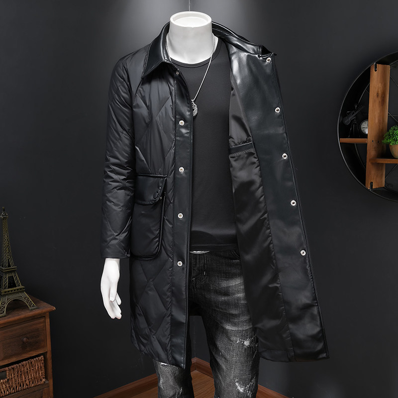 2025冬季新款男士羽绒服中长款皮料拼接90白鸭绒8899-P350假模,男装羽绒服,钱塘6023