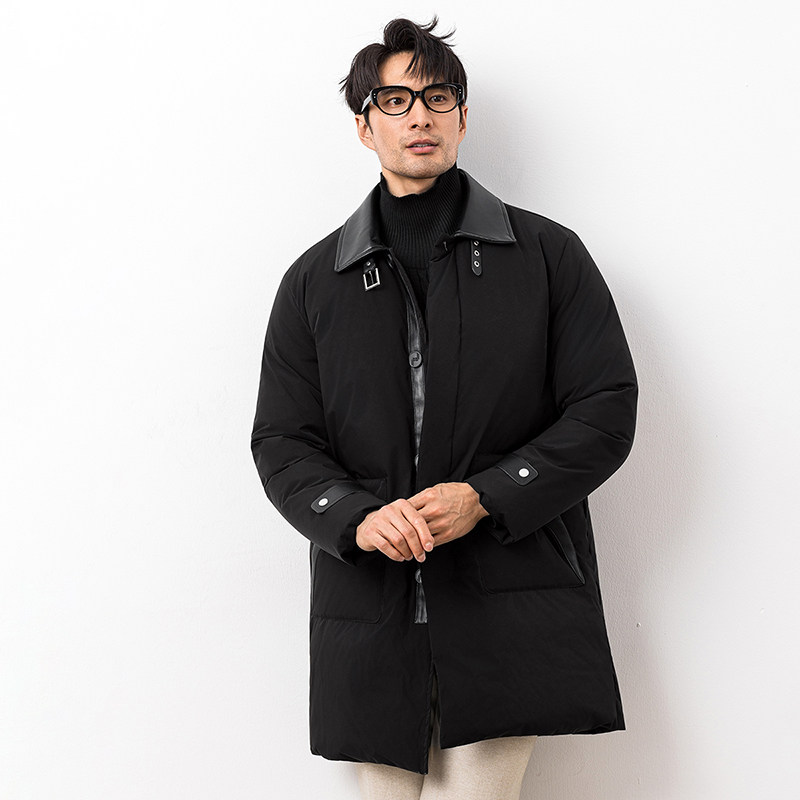 超柔蛋白冬季新款皮料拼接中长款羽绒服男90白鸭绒9823-P345大叔,男装羽绒服,钱塘6023