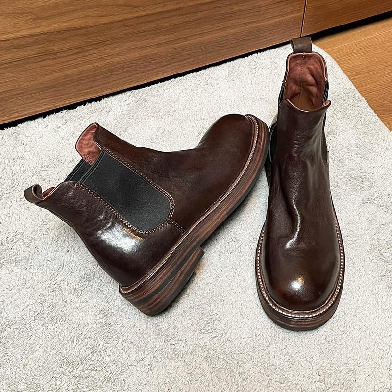 WASHED HORSESKIN PLEATED BLOCK HEEL PLATFORM CIGARETTE BARREL STRETCH BOOTS CHELSEA BOOTS WOMENS BRITISH VINTAGE MARTIN BOOTS