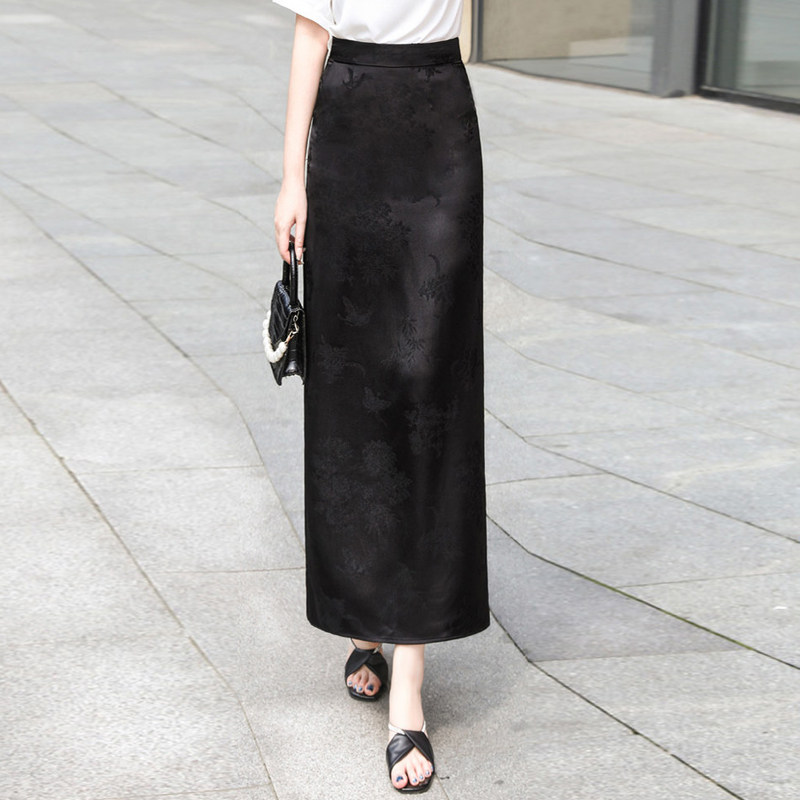 新中式国风醋酸缎面直筒长裙女夏季提花高级感开叉长款包臀半身裙