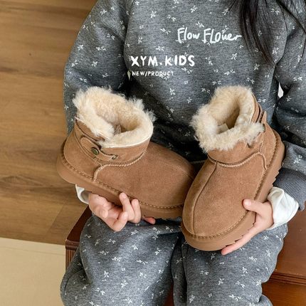 2025冬季男童真毛新款加绒加厚女童保暖棉靴卡皮巴拉儿童雪地靴潮