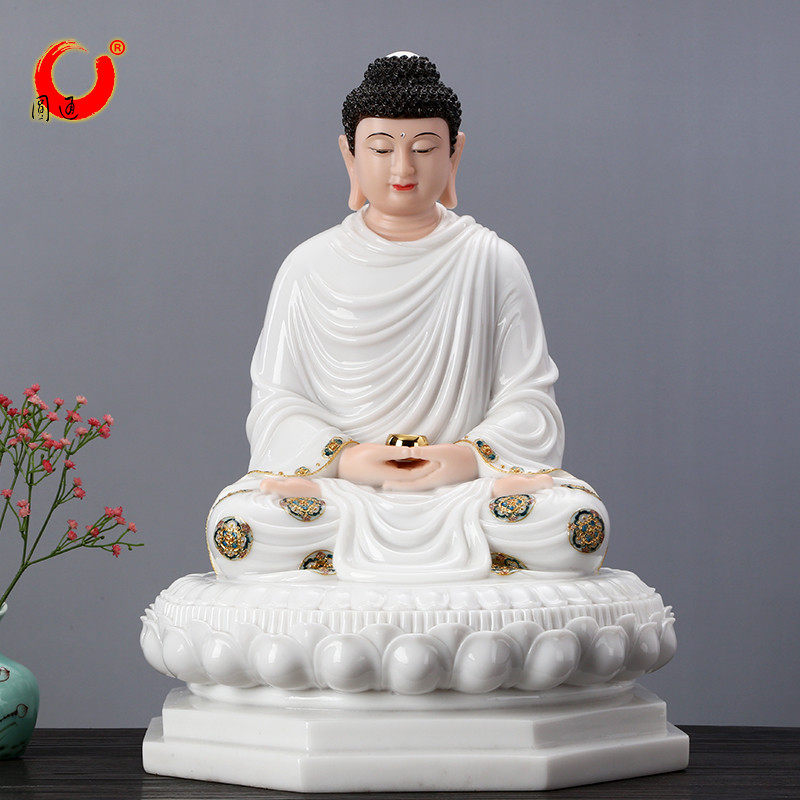 汉白玉石粉释迦摩尼佛像 珐琅彩释迦成道像释迦牟尼佛像居家摆件