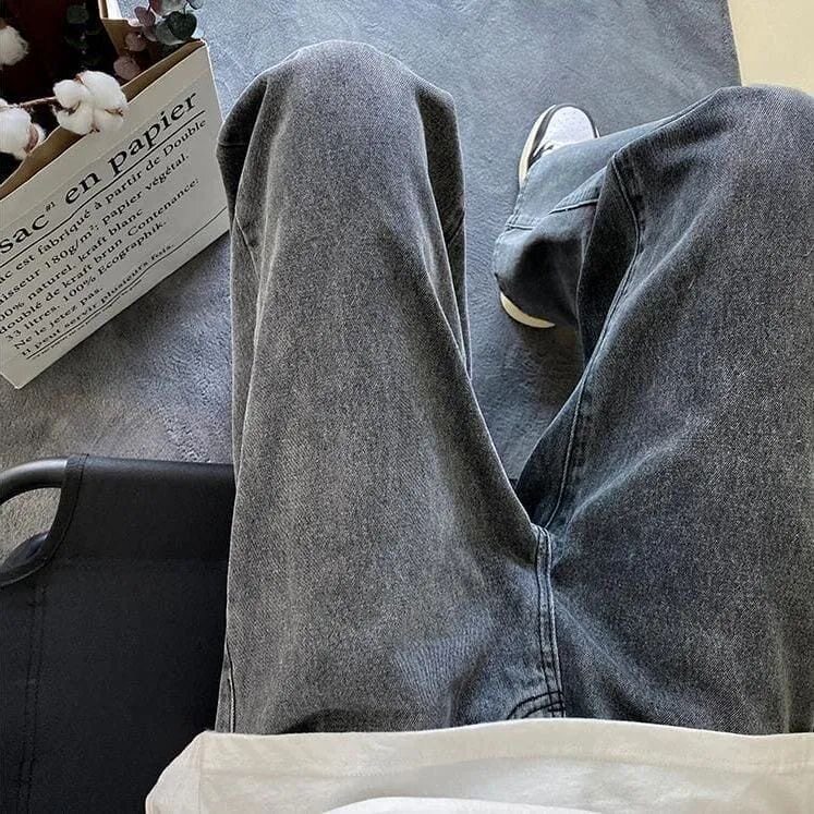 BLACK AND GRAY WIDE-LEG STRAIGHT-LEG JEANS MENS VERSATILE LOOSE WASH TRENDY DROP PANTS TRENDY DAD DAD PANTS