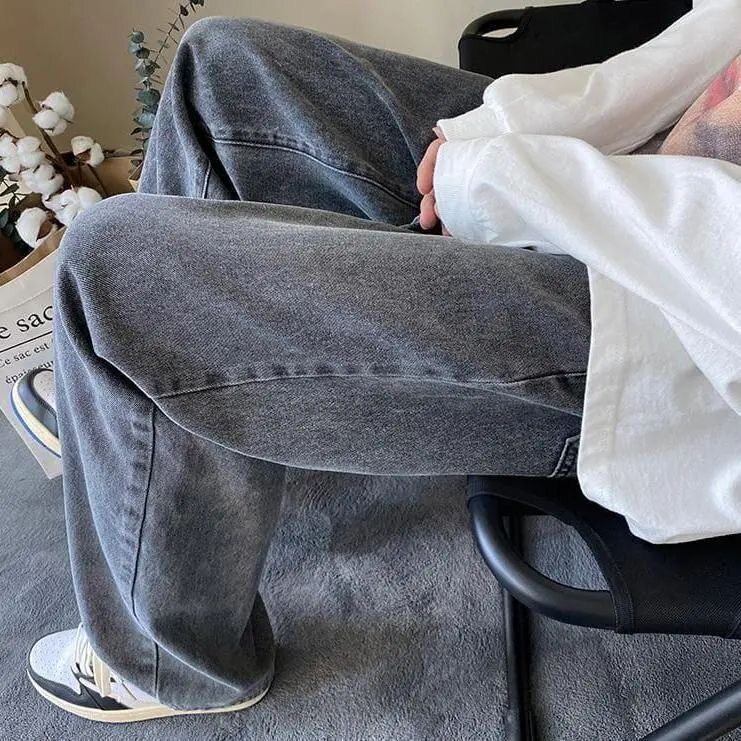 BLACK AND GRAY WIDE-LEG STRAIGHT-LEG JEANS MENS VERSATILE LOOSE WASH TRENDY DROP PANTS TRENDY DAD DAD PANTS