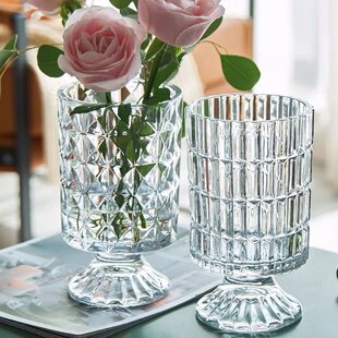 法式轻奢浮雕餐桌高脚花瓶玻璃透明鲜花仿真花插花器高档玫瑰百合