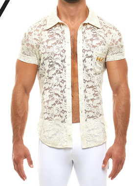 MODUS VIVENDI 性感时尚透视修身紧身奢华蕾丝男士短袖衬衫04141