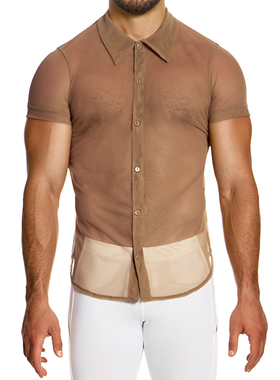 MODUS VIVENDI 性感透视网眼柔软透气修身男士短袖衬衫 05441-1