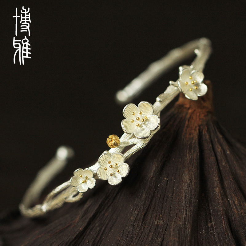 博雅原创s925银复古桃花手镯七月手工素觉梅花日系樱花女开口手环