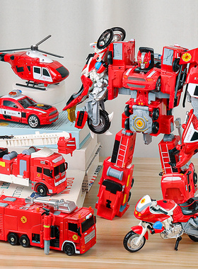 五合一消防合金变形合体金刚汽车变身机器人摩托警车儿童男孩玩具