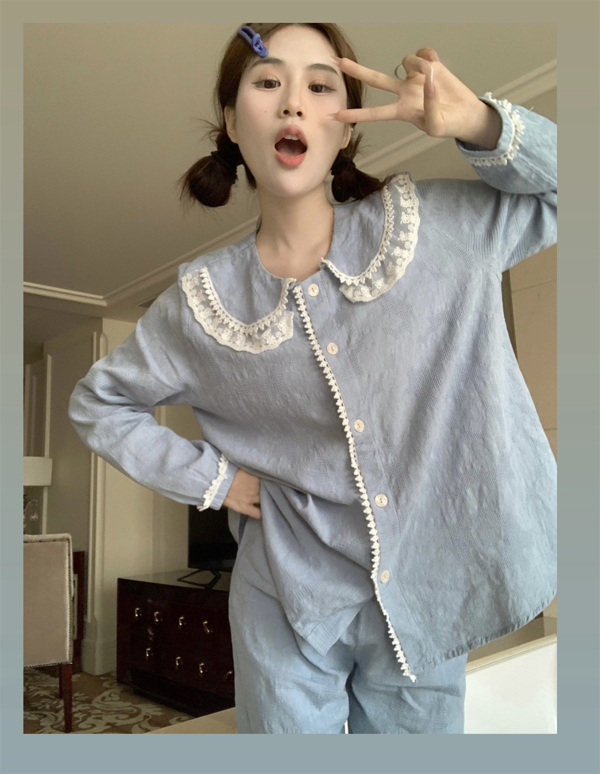 长袖蓝色蕾丝暗纹绣花纯棉麻睡衣
