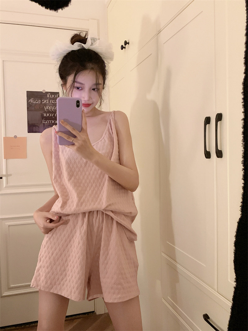 粉色提花纯棉吊带V领睡衣女圆领