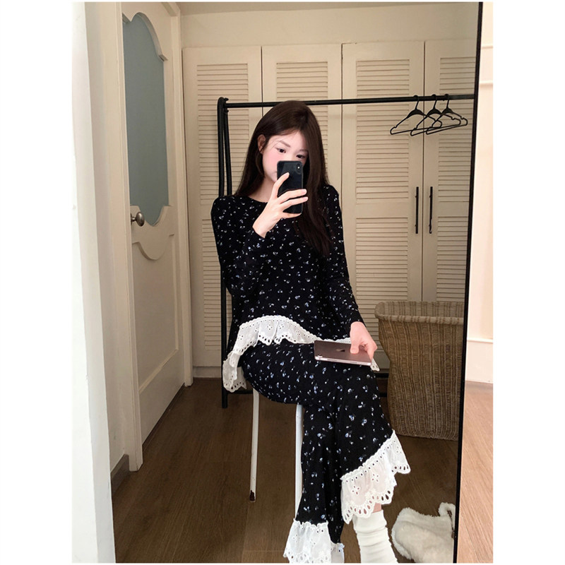 亲肤柔软甜美碎花圆领荷叶边不规则花边家居服睡衣套装