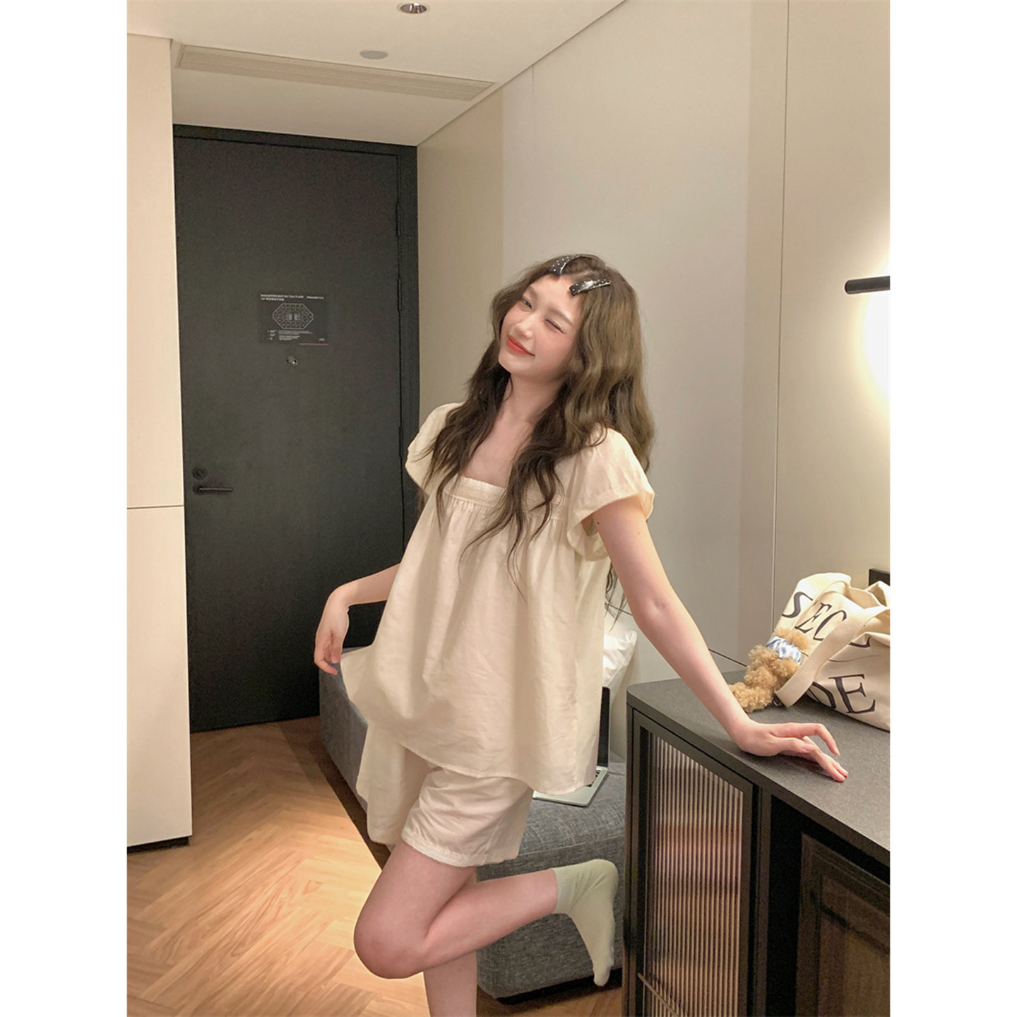 夏季方领小飞袖纯棉麻米色睡衣女
